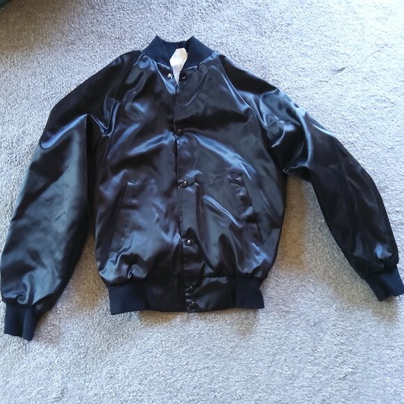 BLACK SATIN SHINY VARSITY JACKET - Picture 1 of 5